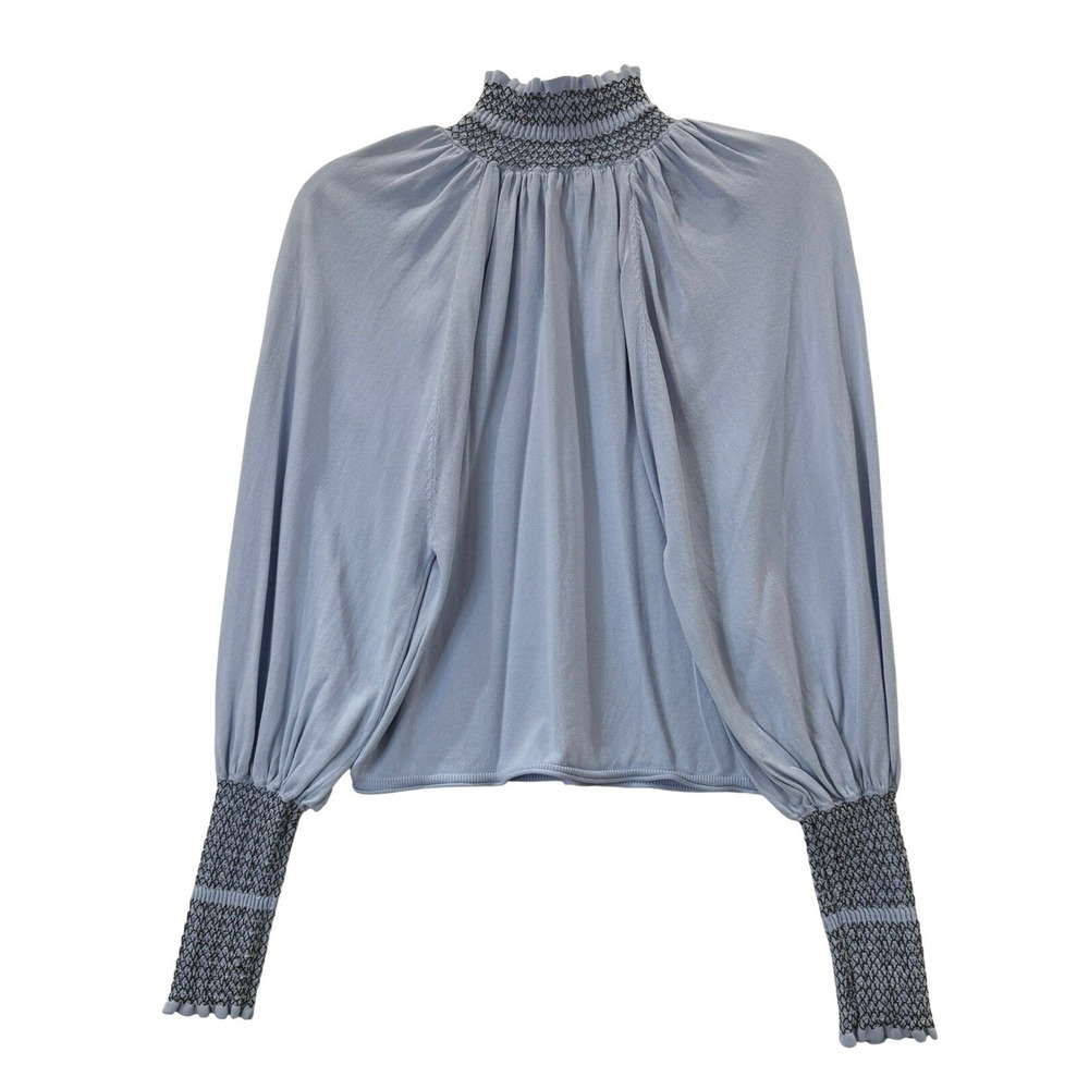 Zara Women's Light Blue Smocked High Neck Puff Sleeve Knit Top Small